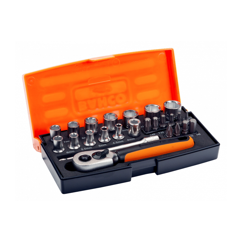 Juego de trinquete + vasos de 6 puntos y puntas de destornillador